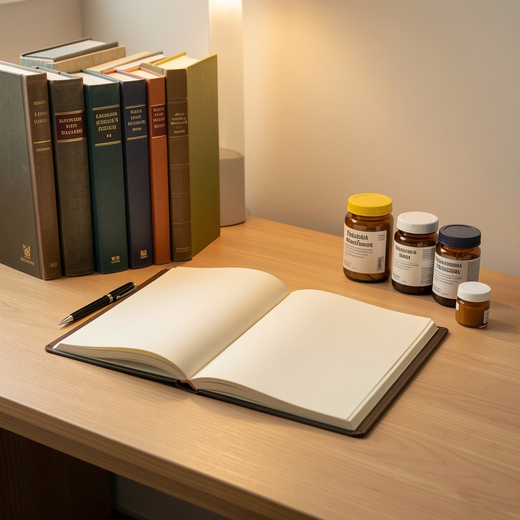 Editorial workspace with open notebook, pen, and supplement containers arranged on a light wood desk, soft ambient studio lighting