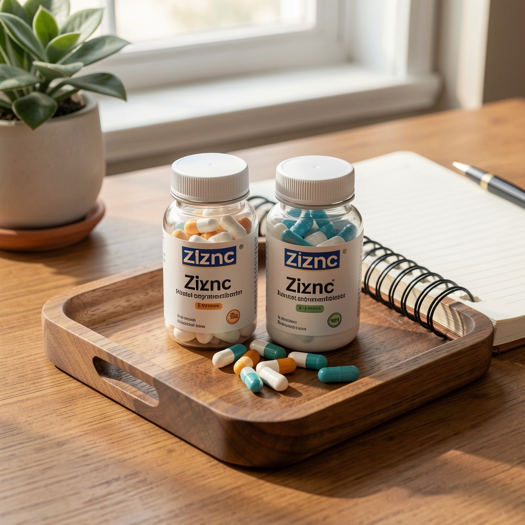 Zinc supplement bottles and B vitamin daily supplements arranged on a wooden tray with a notebook, morning desk setup editorial photography