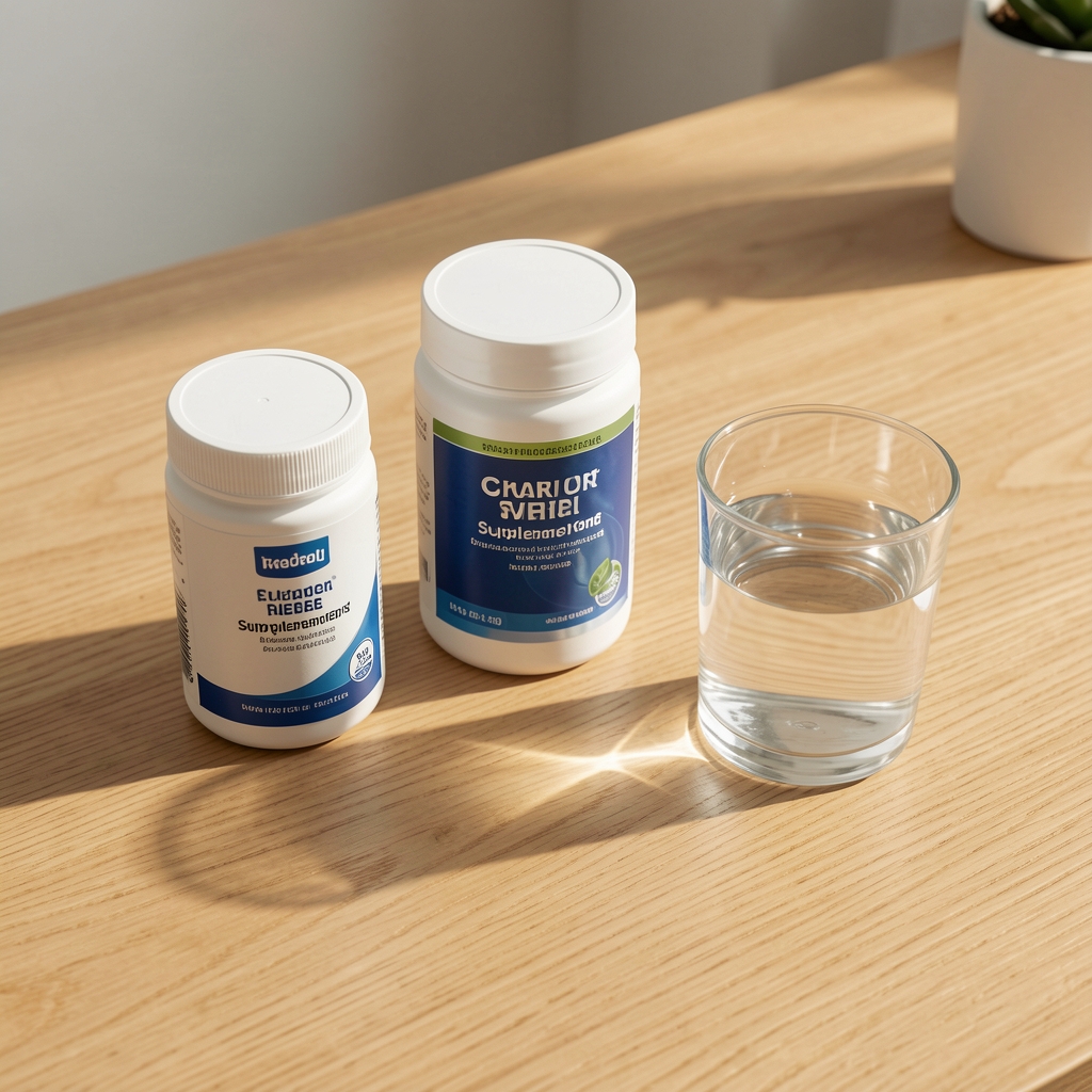 Supplement containers and a glass of water arranged on a clean wooden desk in natural morning light, editorial flat lay composition
